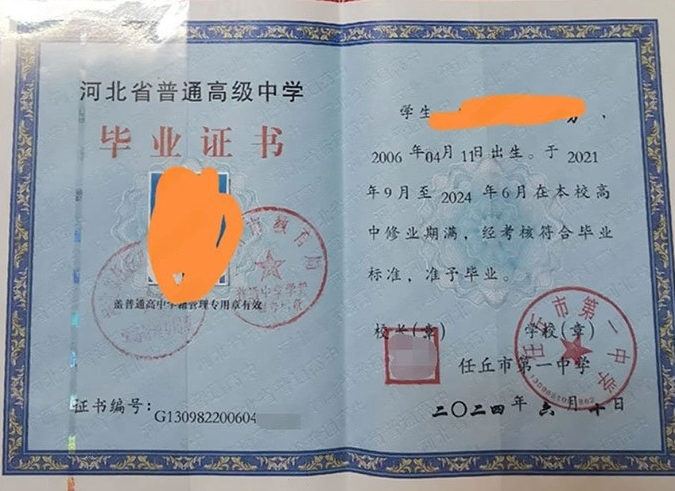 黔东南任丘市第一中学高中毕业证样本图片